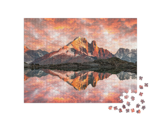 Puzzle de 1000 pièces « Coucher de soleil sur le lac Blanc dans les Alpes françaises »