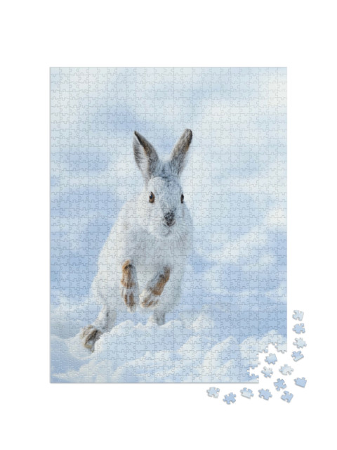 Puzzle de 1000 pièces « Lapin de neige blanc sautant dans la neige »
