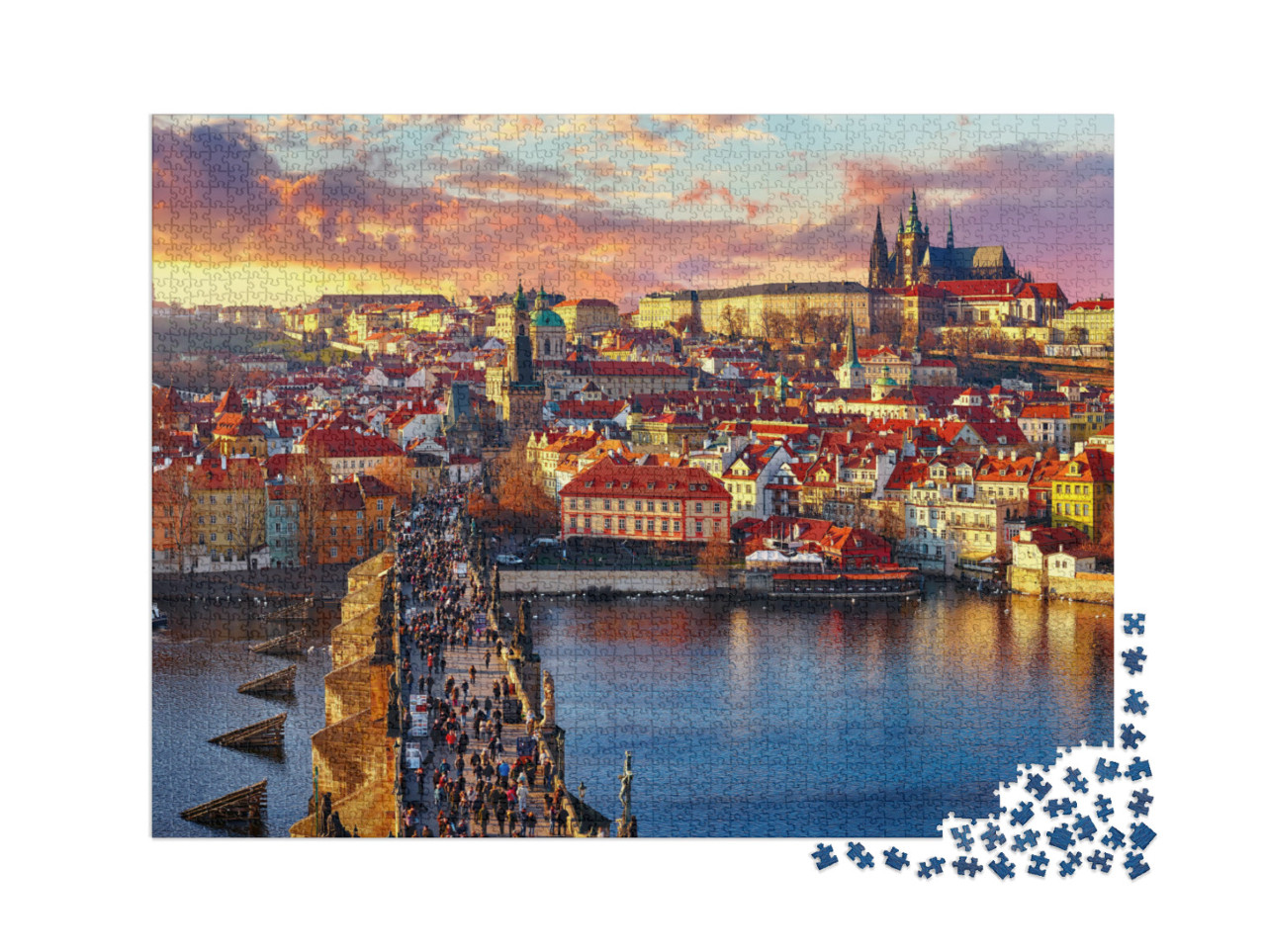 Puzzle de 2000 pièces « Vue panoramique d'en haut sur le Pont Charles, le Château de Prague et la rivière »