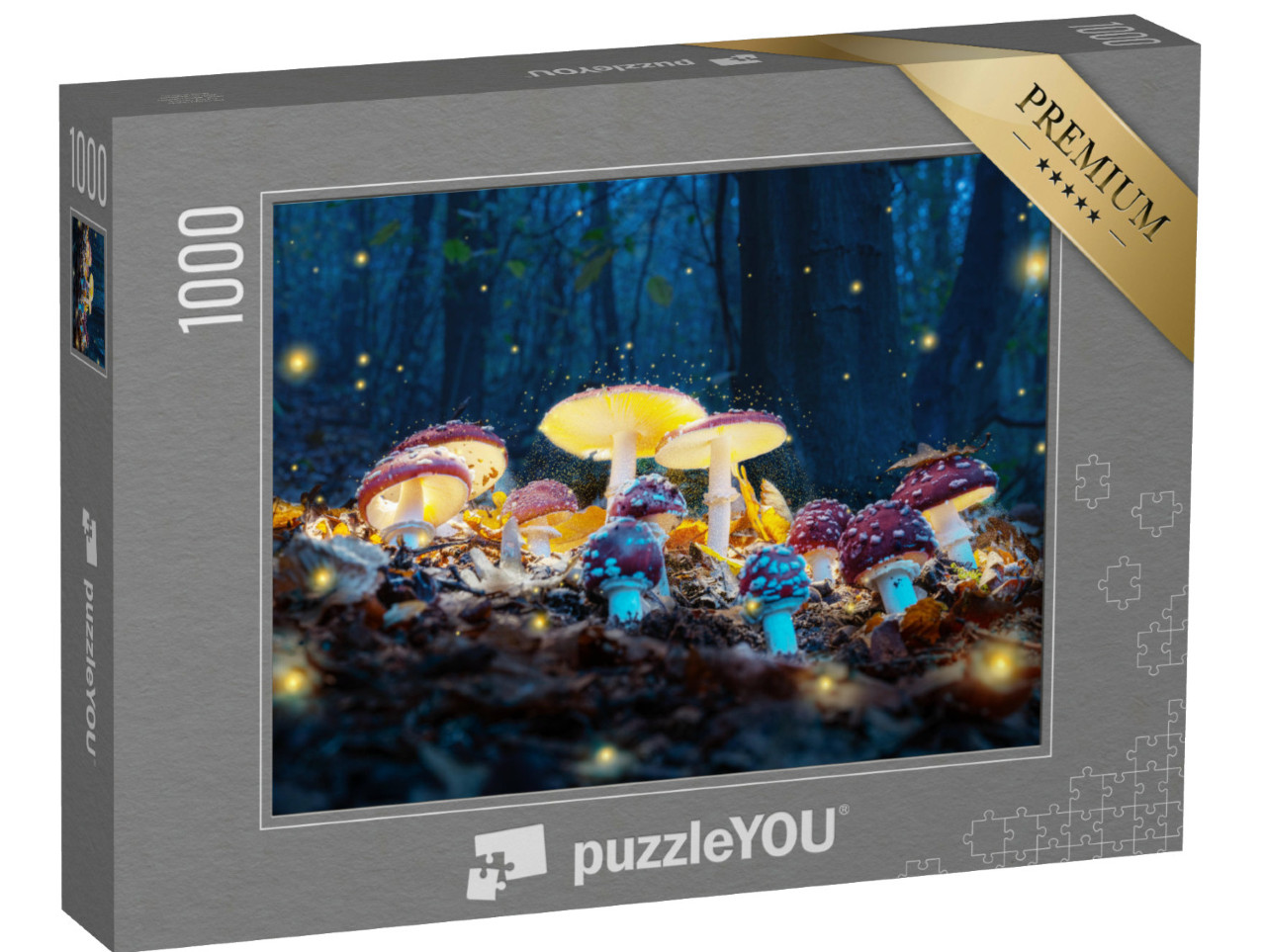 Puzzle de 1000 pièces « Des amanites tue-mouches mystiques brillent dans l'obscurité de la forêt »