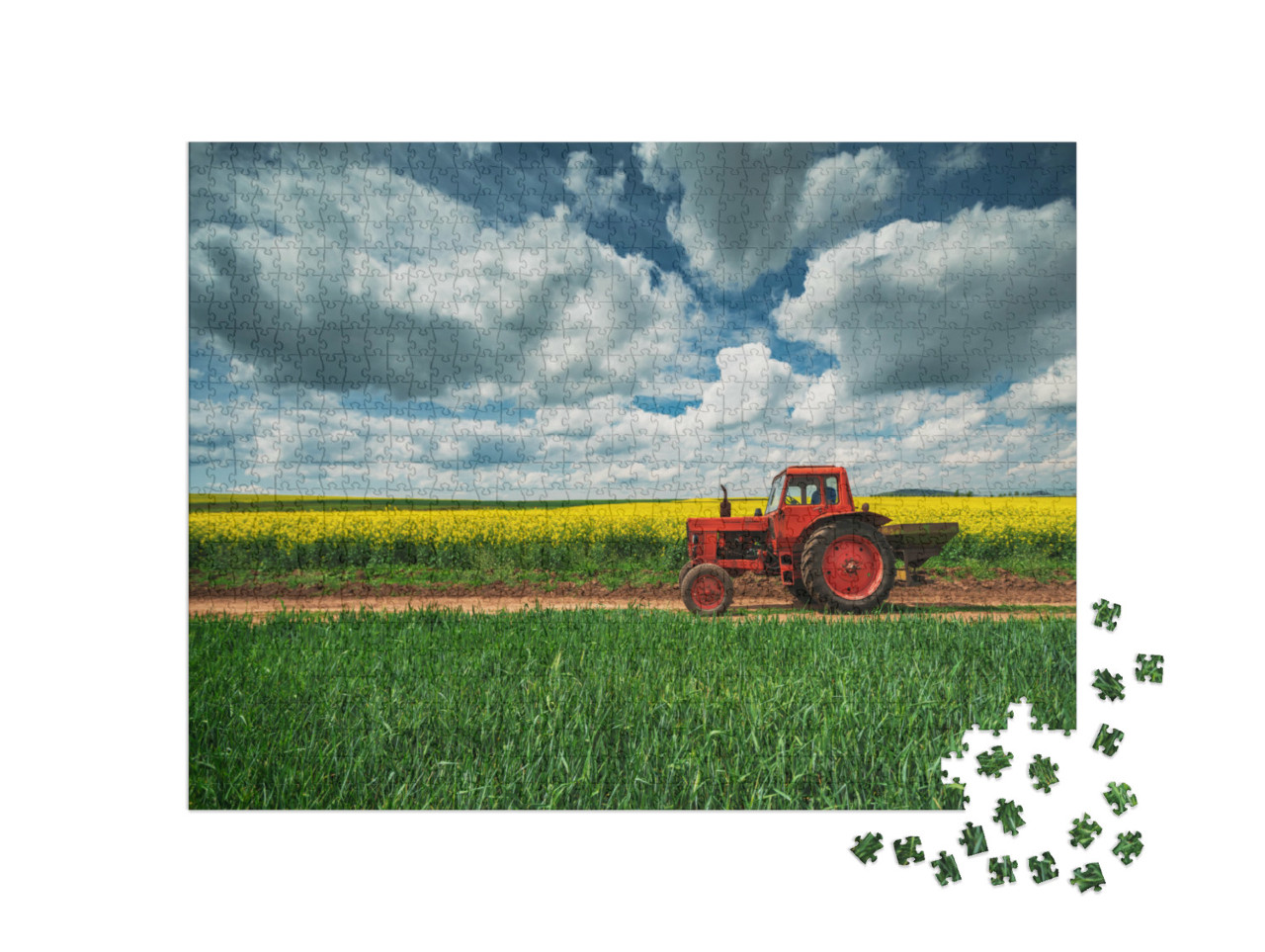 Puzzle de 1000 pièces « Tracteur rouge avec remorque devant un champ de colza, Oxfordshire »