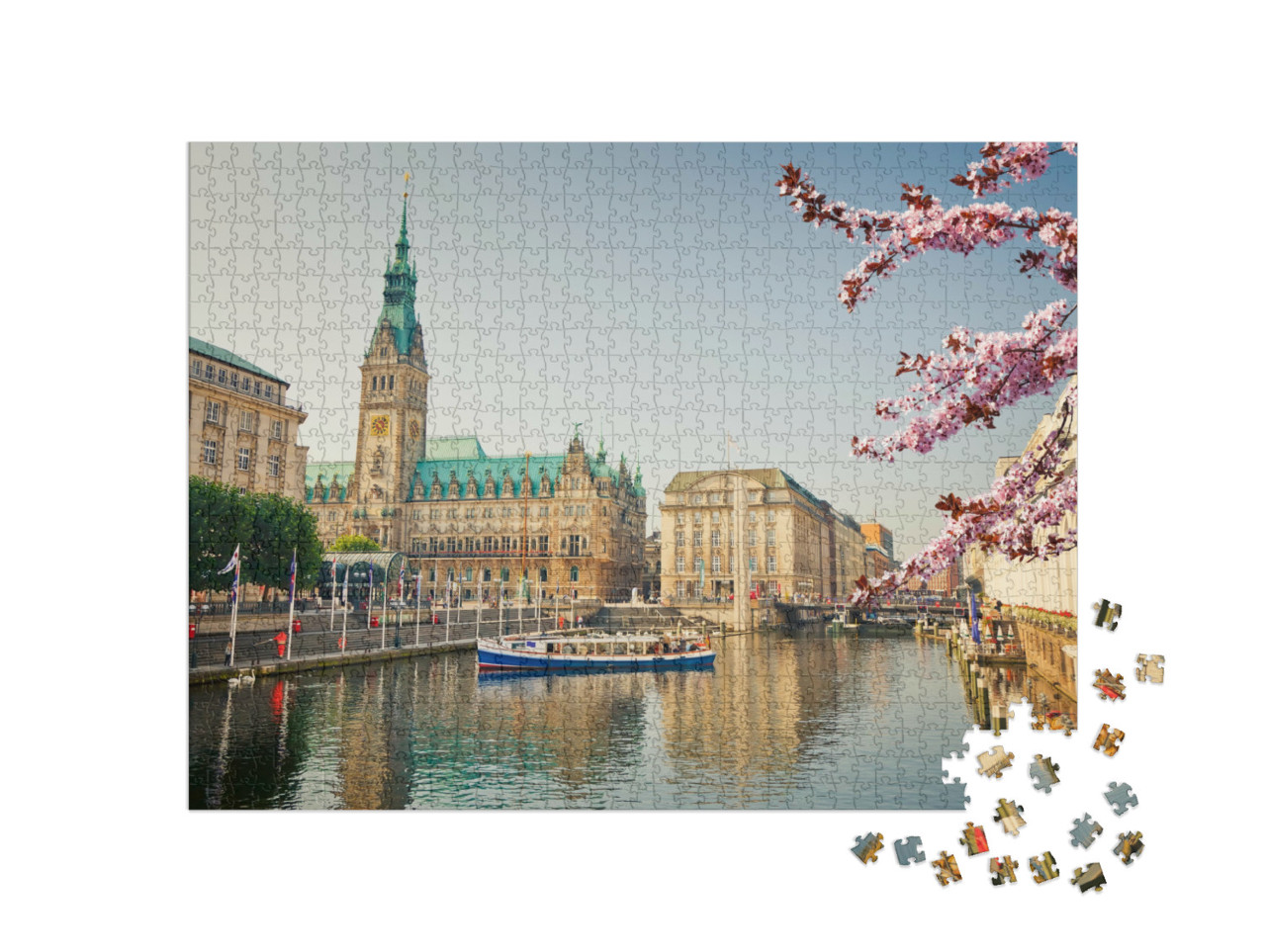 Puzzle de 1000 pièces « L'hôtel de ville de Hambourg et l'Alster au printemps »