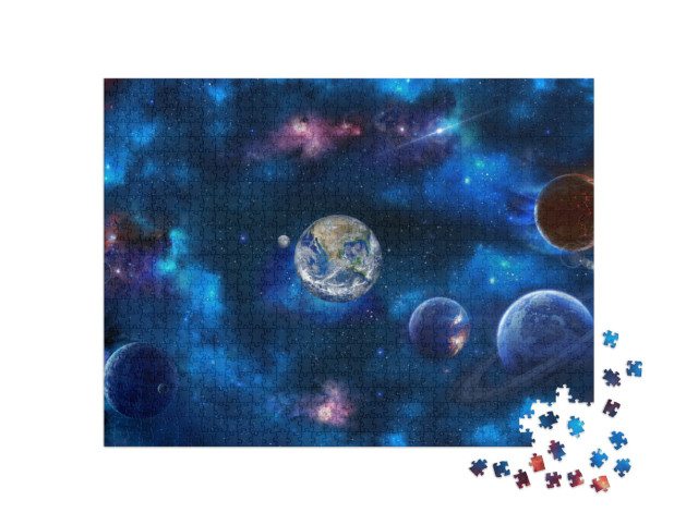 Puzzle de 1000 pièces « Scène de l'espace avec planètes, étoiles et galaxies en haute résolution »