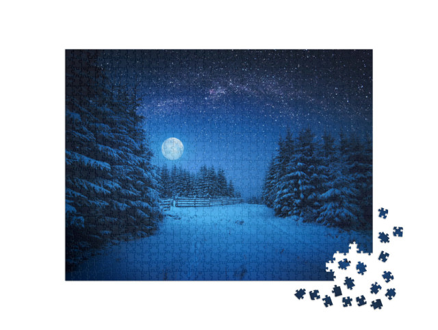 Puzzle de 1000 pièces « Pleine lune sur une nuit d'hiver dans la forêt »