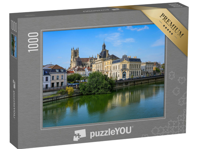 Puzzle de 1000 pièces « Reflet de la cathédrale Saint-Stephens avec vue sur l'hôtel de ville de Meaux dans la Marne »