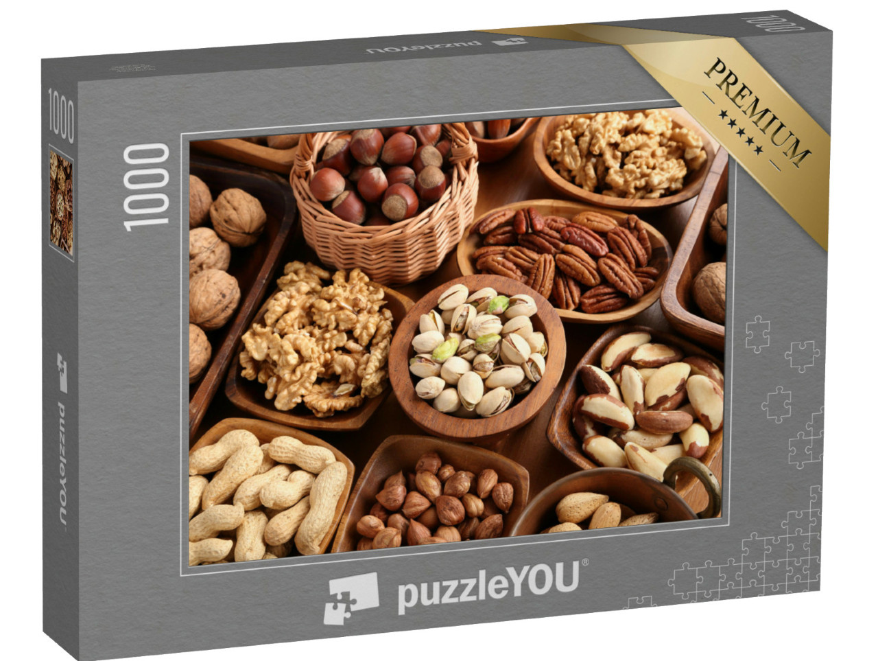 Puzzle de 1000 pièces « Différentes sortes de noix dans des coupes en bois »