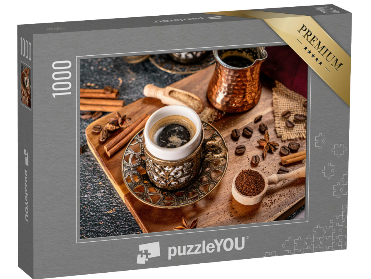 Puzzle de 1000 pièces « Café préparé à la turque avec des épices et des grains de café »