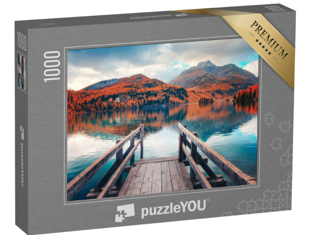 Puzzle de 1000 pièces « Passerelle en bois au bord du lac de Sils en automne »