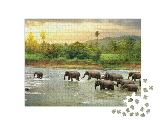 Puzzle de 1000 pièces « Les éléphants dans la rivière »