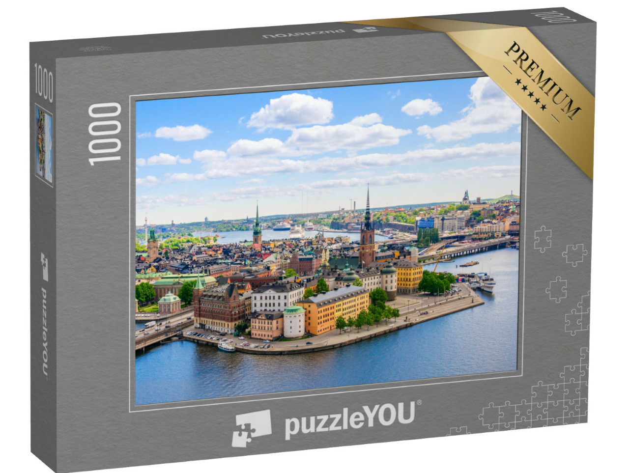 Puzzle de 1000 pièces « Vue d'oiseau : Vue aérienne de la tour de l'hôtel de ville de Stockholm, Suède »