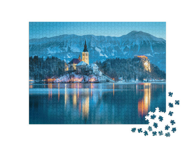 Puzzle de 1000 pièces « Vue sur le lac de Bled avec le château, Slovénie »