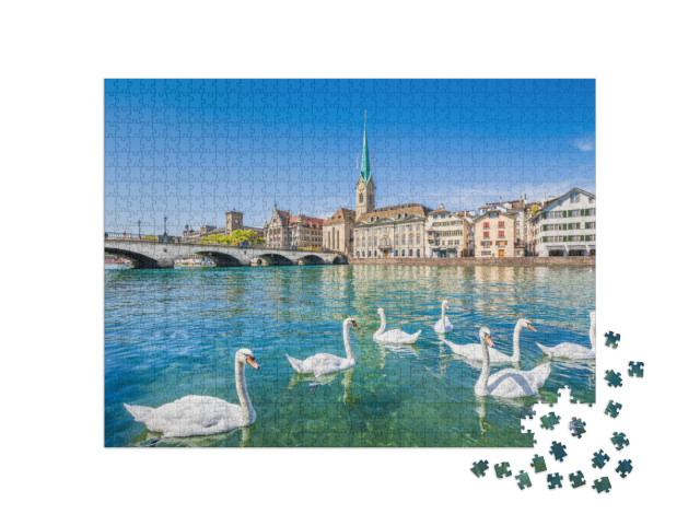 Puzzle de 1000 pièces « Magnifiques cygnes sur la Limmat près de Zurich, Suisse »