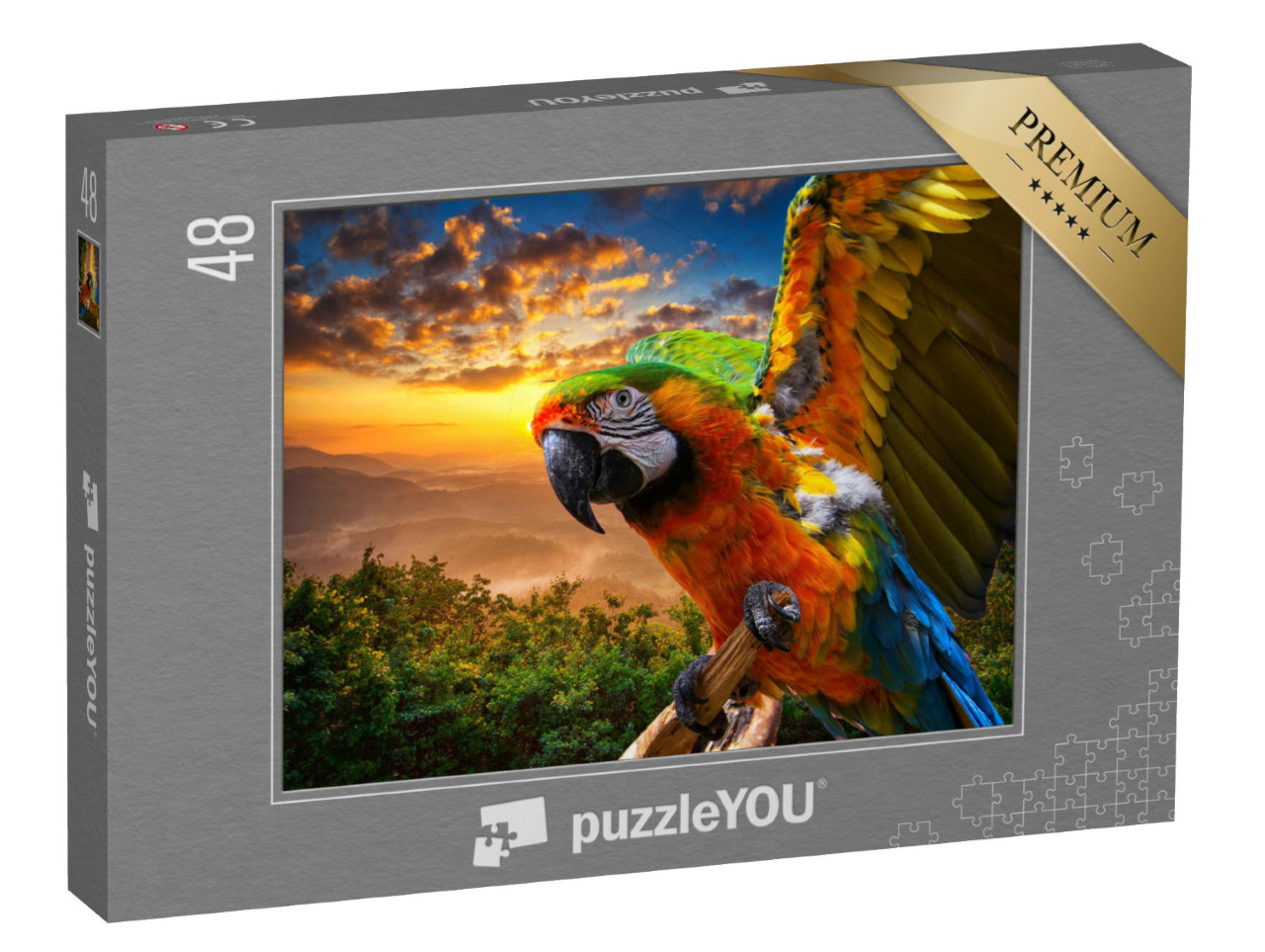Puzzle de 48 pièces « Splendides couleurs de la nature : Ara au coucher du soleil »
