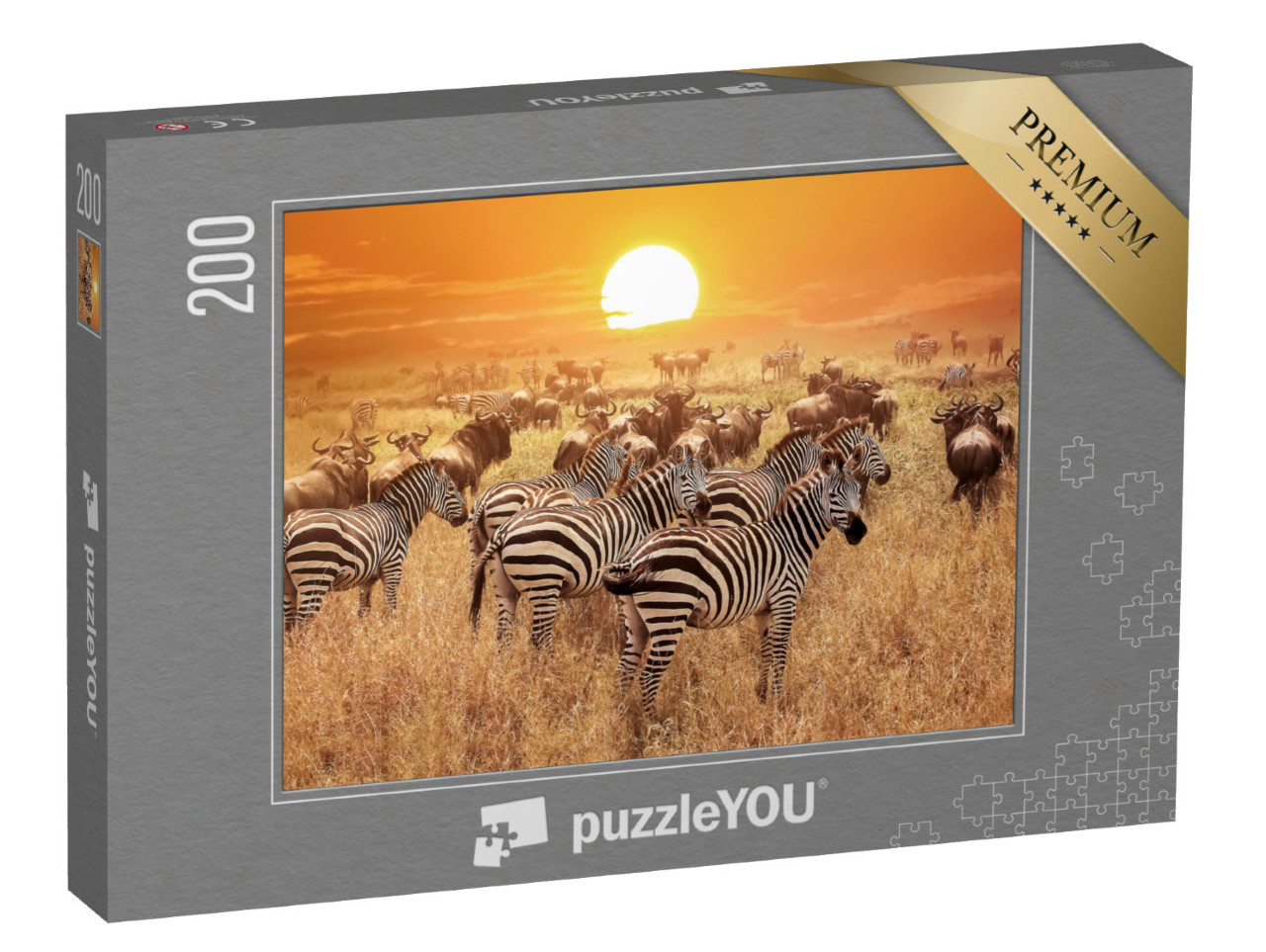 Puzzle de 200 pièces « Zèbre au coucher du soleil dans le parc national du Serengeti, Afrique, Tanzanie »