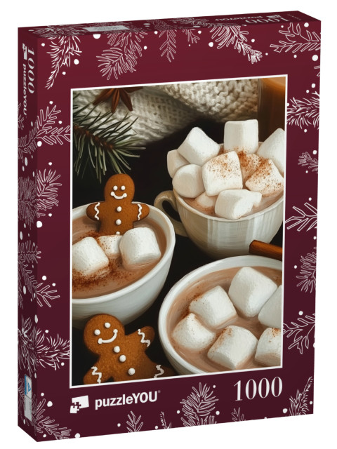 Puzzle de 1000 pièces « Pères Noël en pain d'épice au cacao avec guimauves »