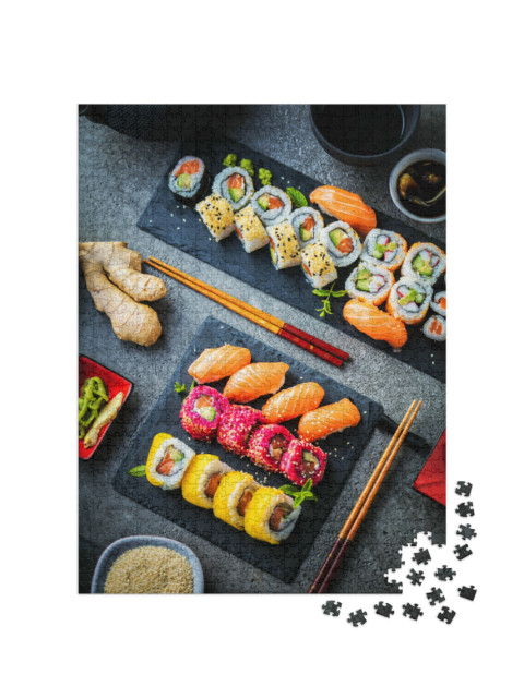 Puzzle de 1000 pièces « Maki et rouleaux de poisson, crevettes et avocat »