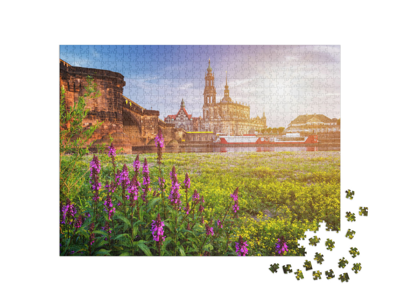 Puzzle de 1000 pièces « Silhouette de la ville de Dresde avec l'Elbe et le pont Augustus, Allemagne »