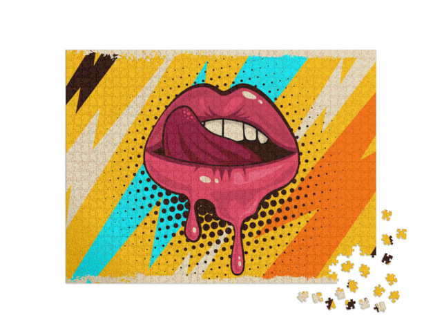 Puzzle de 1000 pièces « Pop art : rose, lèvres, bouche et langue rouges »