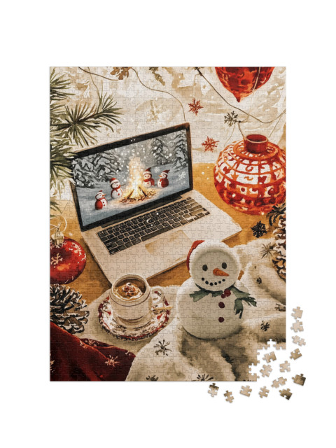 Puzzle de 1000 pièces « Bonhomme de neige en train de binge watcher devant son ordinateur portable »