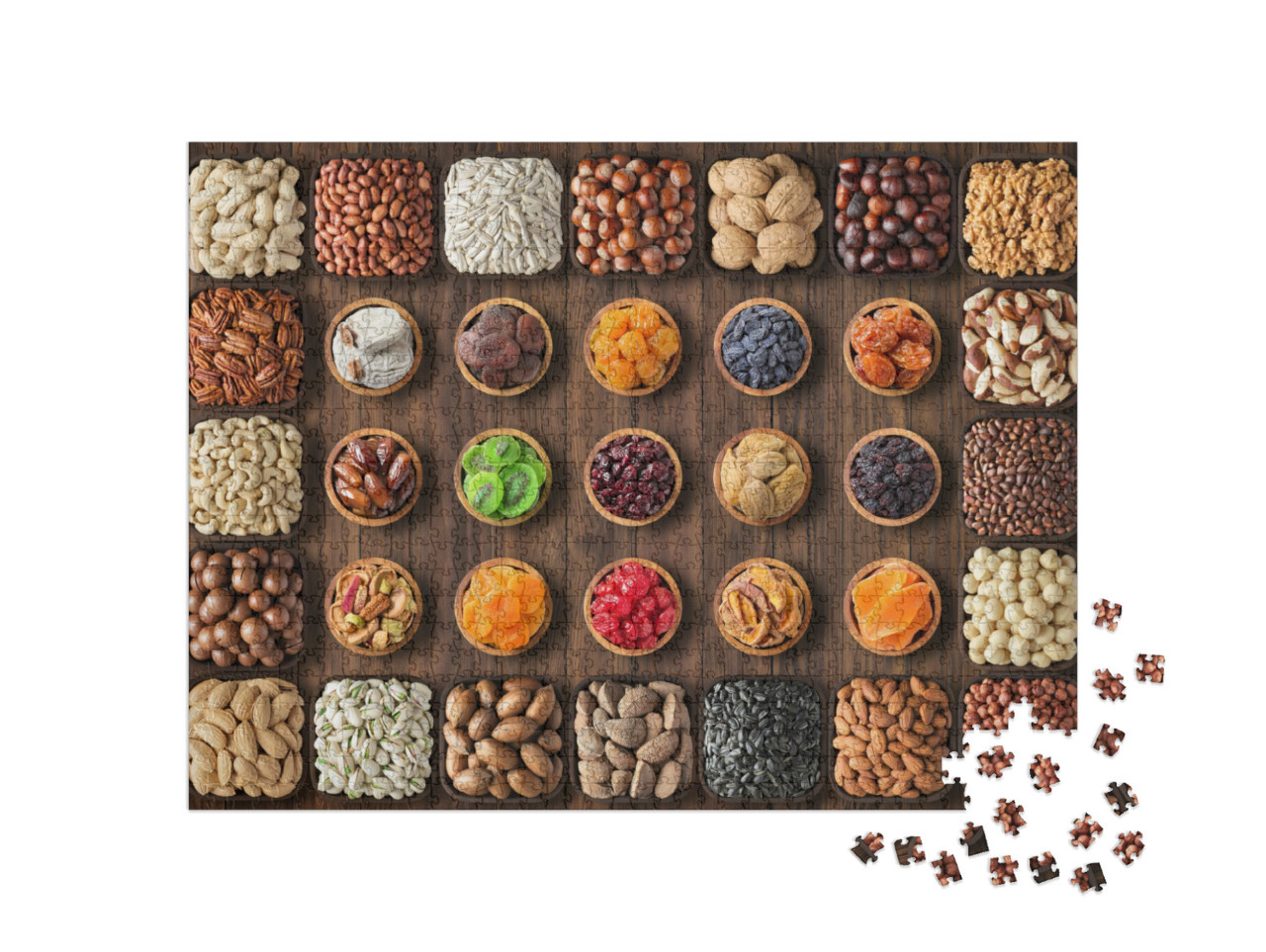 Puzzle de 1000 pièces « Une variété colorée de noix et de fruits secs dans de petites coupes »