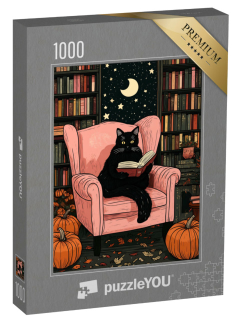 Puzzle de 1000 pièces « Chat noir lisant dans un fauteuil à Halloween »