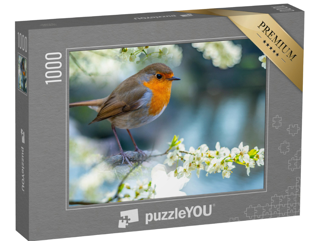 Puzzle de 1000 pièces « Rouge-gorge sur une branche à fleurs blanches »