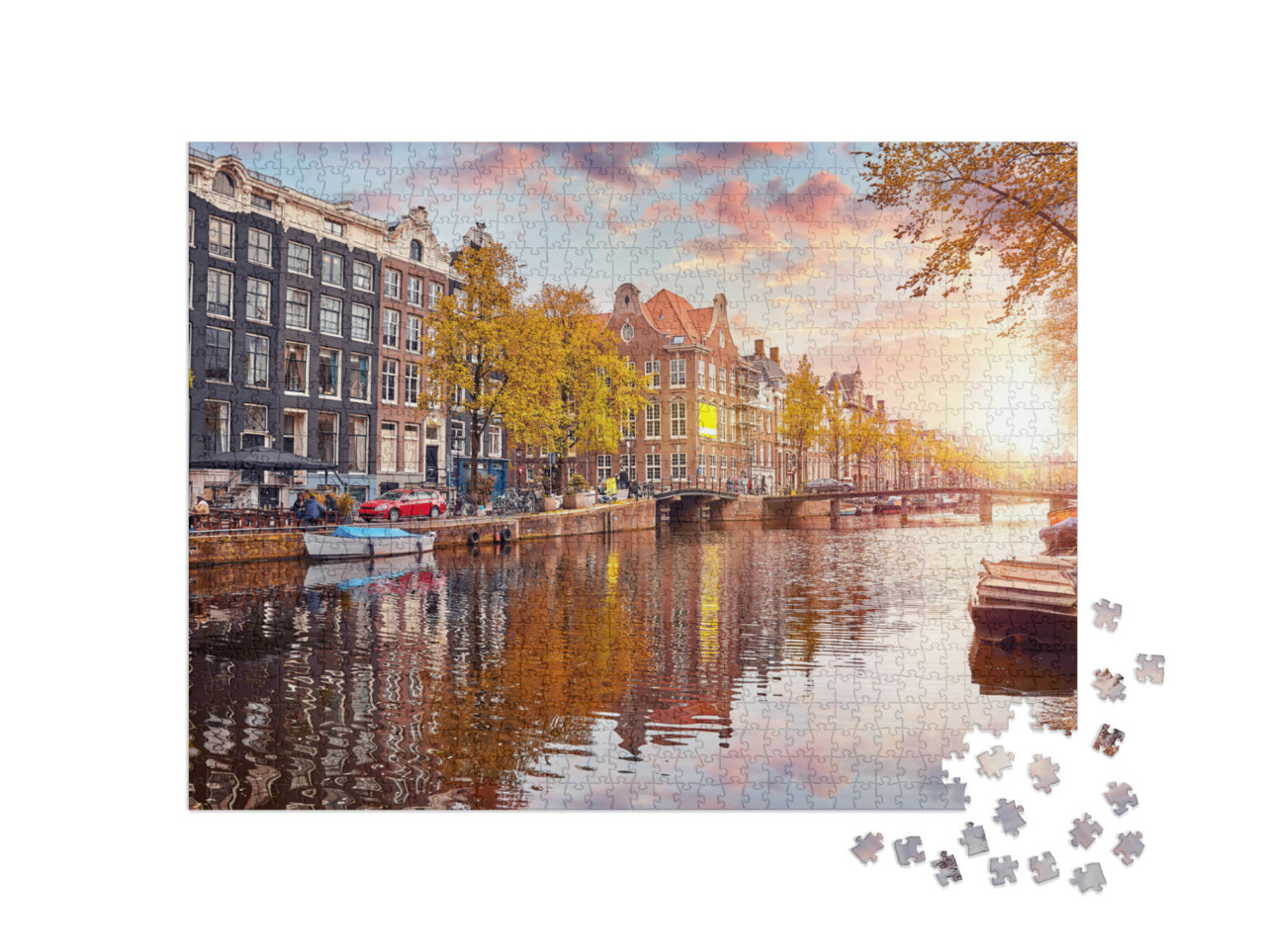 Puzzle de 1000 pièces « Lumière chaude du soleil sur le canal à Amsterdam, Pays-Bas »