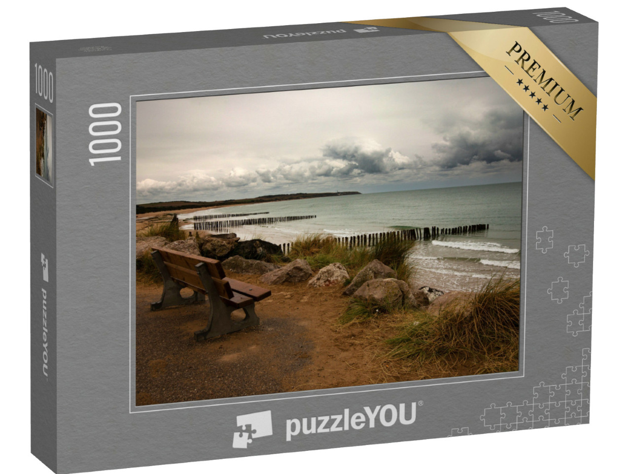 Puzzle de 1000 pièces « perches dans l'eau plage wissant côte d' opal avec nuages pluvieux marée basse coquillage perches »