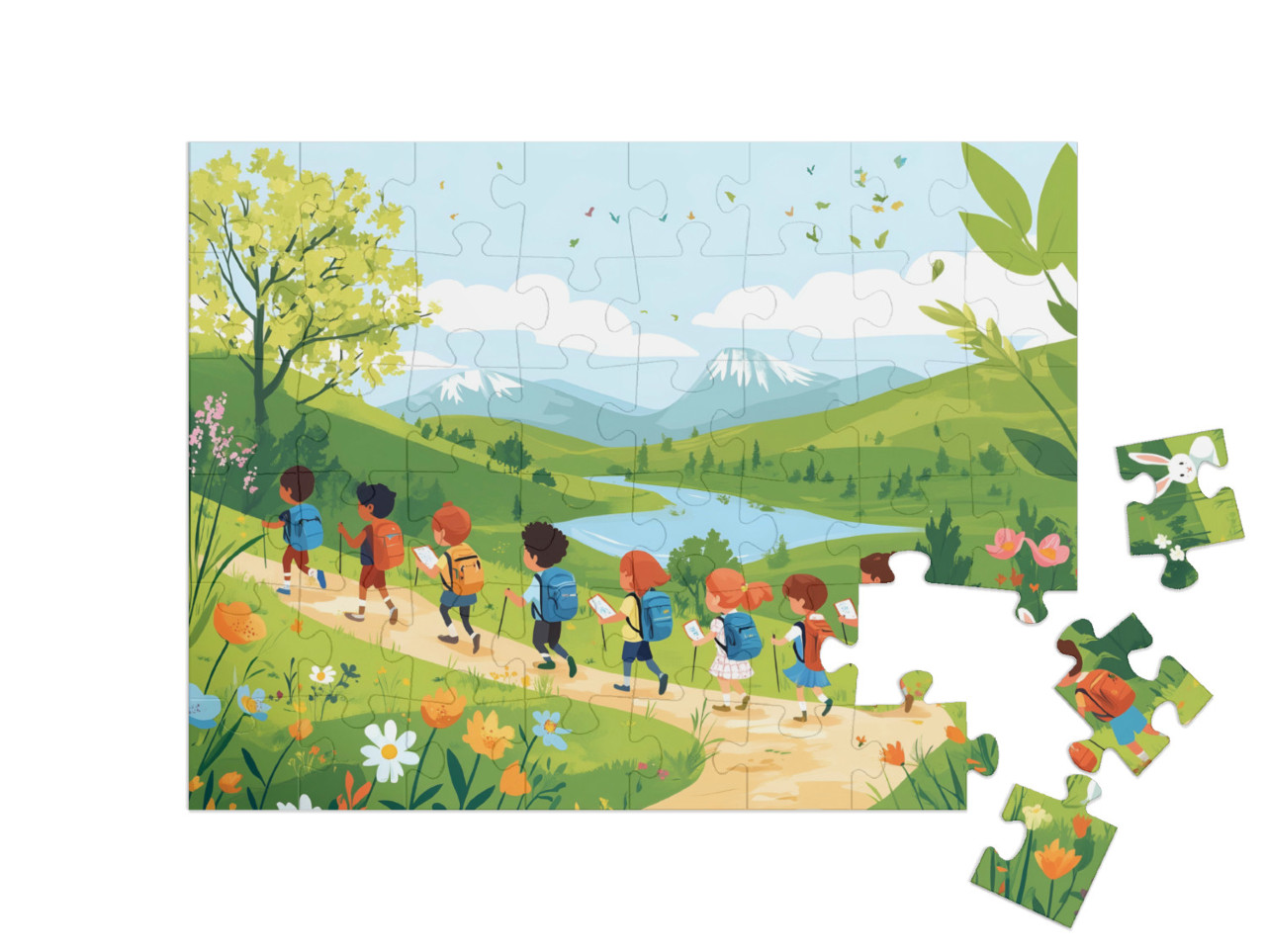 Puzzle de 48 pièces « Du soleil, des montagnes et des enfants heureux »