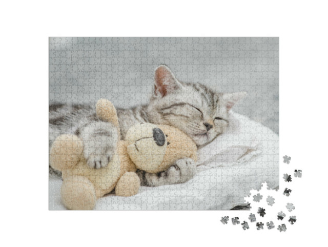 Puzzle de 1000 pièces « Un adorable chaton fait des câlins à un ours en peluche »