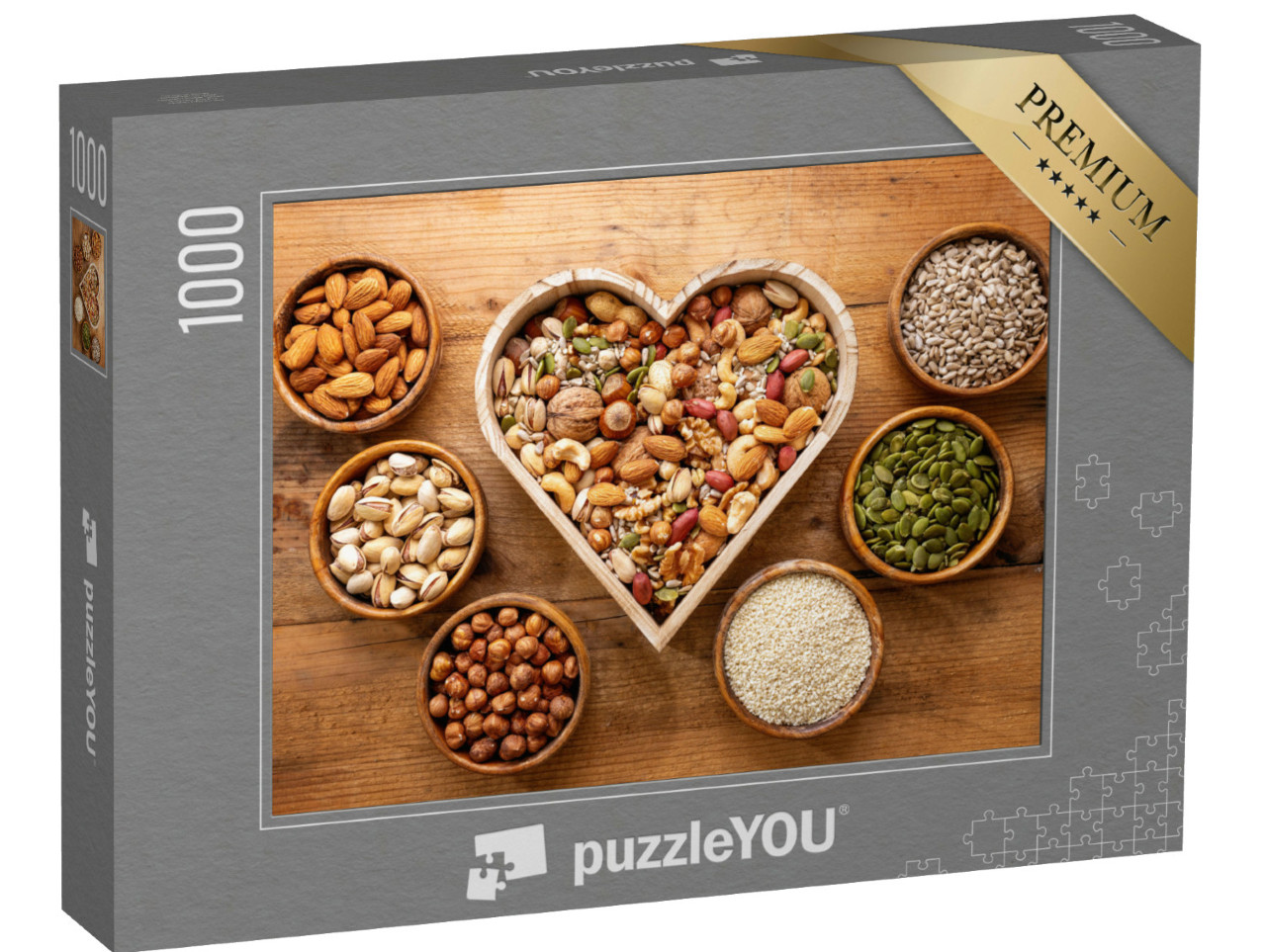 Puzzle de 1000 pièces « Boîte en forme de cœur avec mélange de noix »