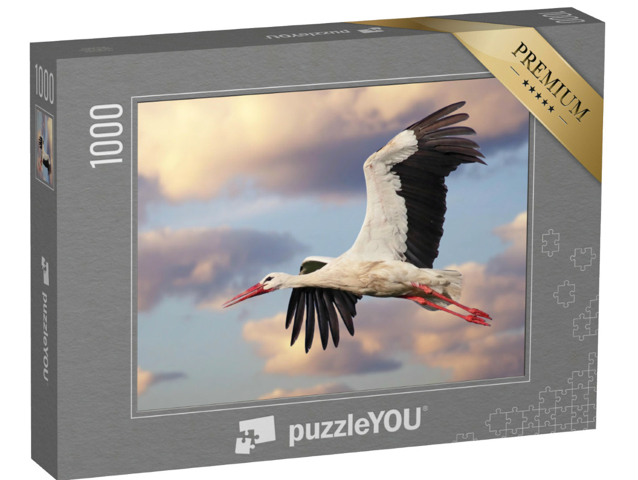 Puzzle de 1000 pièces « Une cigogne blanche en vol avec un ciel nuageux »