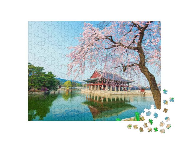 Puzzle de 1000 pièces « Le Palais de Gyeongbokgung à l'époque des cerisiers en fleurs, Corée »
