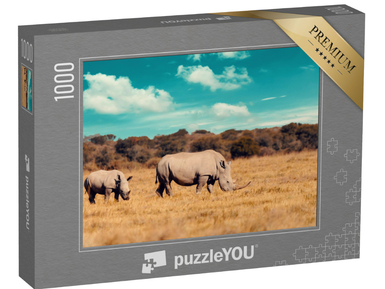 Puzzle de 1000 pièces « Famille de rhinocéros, mère et bébé rhinocéros blanc, Botswana »