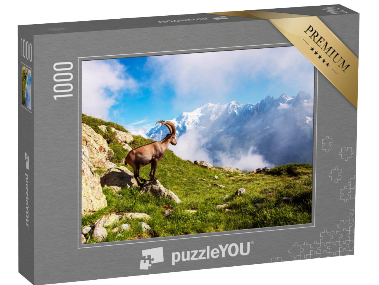 Puzzle de 1000 pièces « Beau paysage de montagne avec une chèvre de montagne dans les Alpes françaises, près du massif du Lac Blanc »