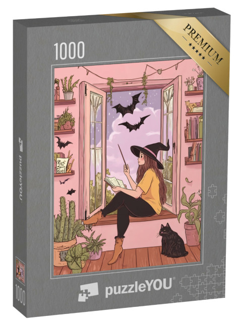 Puzzle de 1000 pièces « Sorcière assise à la fenêtre, Halloween »