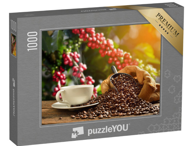 Puzzle de 1000 pièces « Tasse de café fumant avec des grains de café »