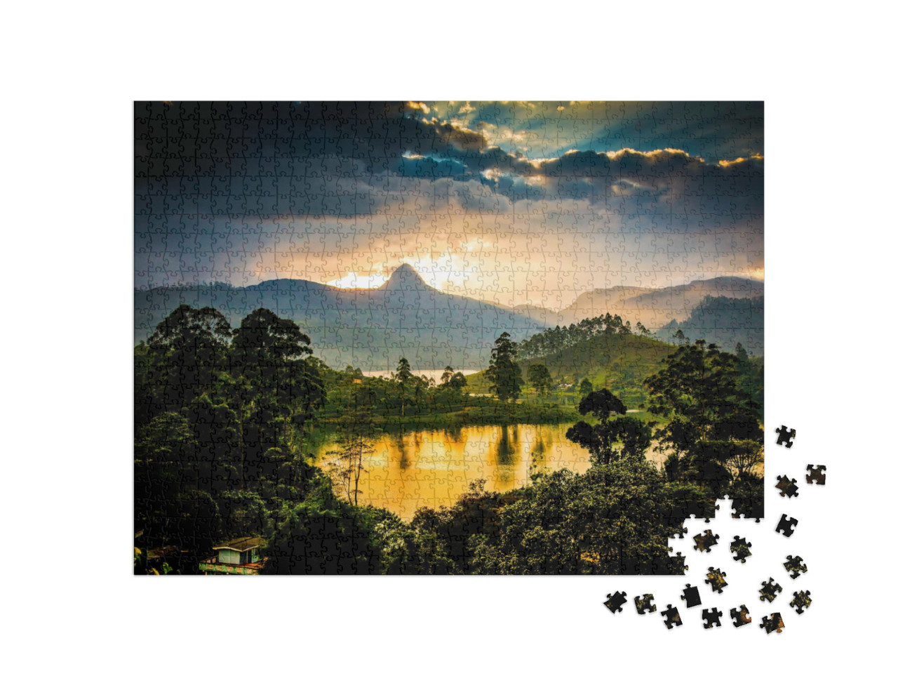 Puzzle de 1000 pièces « Plantations de thé devant le Sri Pada au coucher du soleil »
