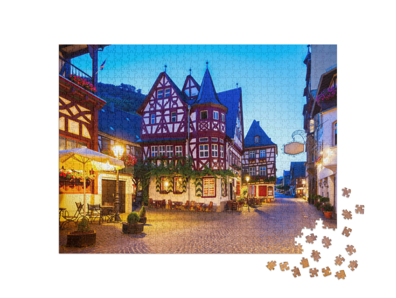 Puzzle de 1000 pièces « Bacharach : vieille ville de nuit, vallée du Rhin, Allemagne »