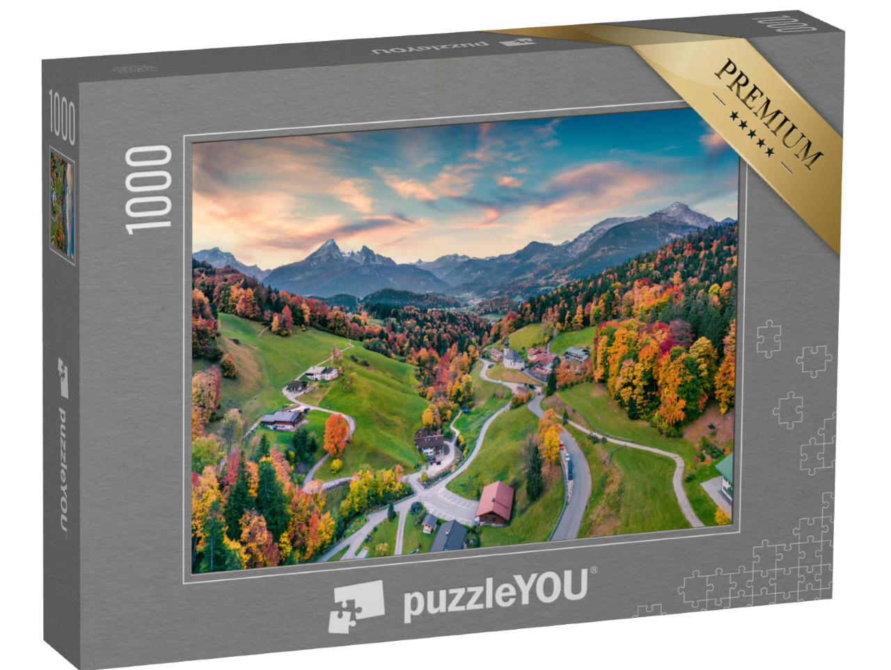 Puzzle de 1000 pièces « Eglise Maria Gern avec le sommet du Hochkalter, Alpes bavaroises »
