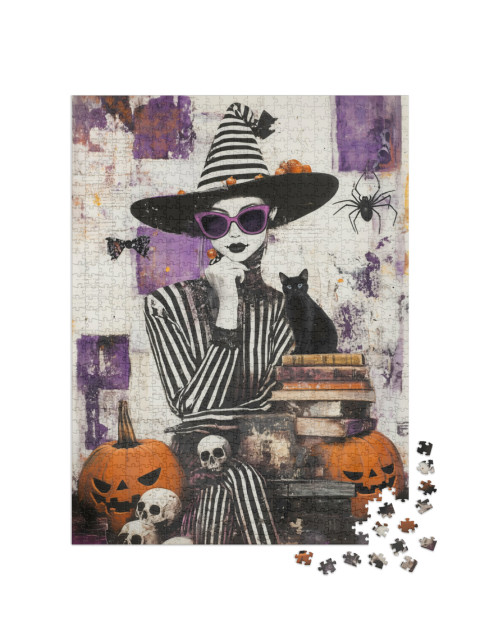 Puzzle de 1000 pièces « Sorcière noire et blanche parmi les livres et les citrouilles »