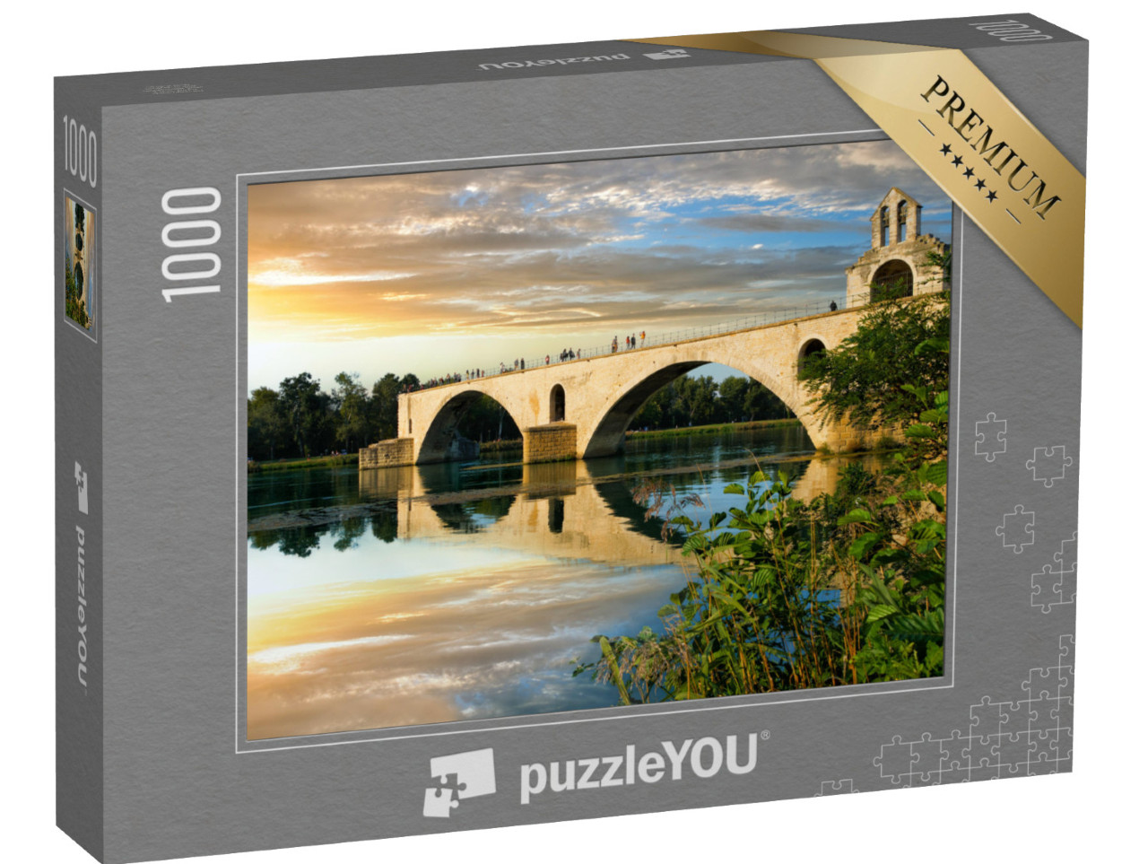 Puzzle de 1000 pièces « Beau paysage du soir du pont d'Avignon et de la chapelle Saint-Nicolas sur le Rhône »