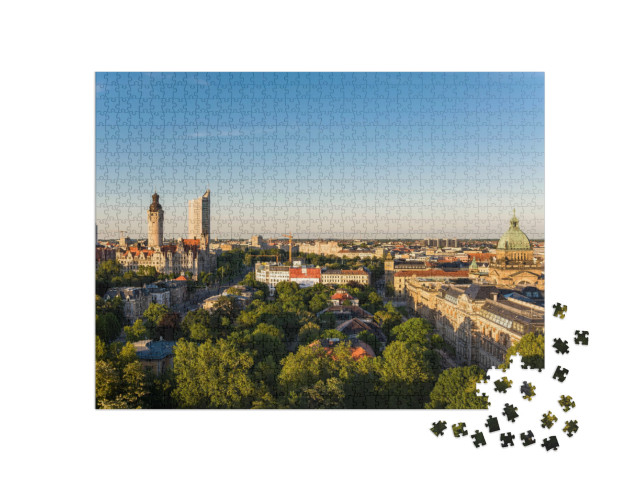 Puzzle de 1000 pièces « Skyline de Leipzig avec l'hôtel de ville au coucher du soleil, Allemagne »