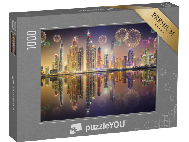 Puzzle de 1000 pièces « Panorama des gratte-ciel de la marina de Dubaï avec feux d'artifice »