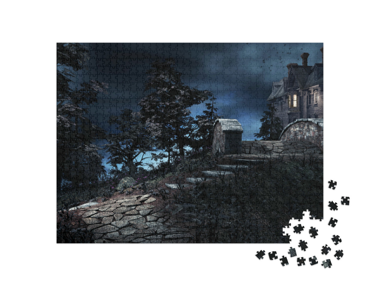 Puzzle de 1000 pièces « Scène de nuit avec une vieille maison et un pont de pierre »