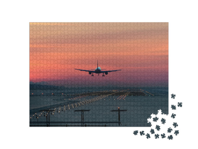 Puzzle de 1000 pièces « Avion en phase d'atterrissage au petit matin »