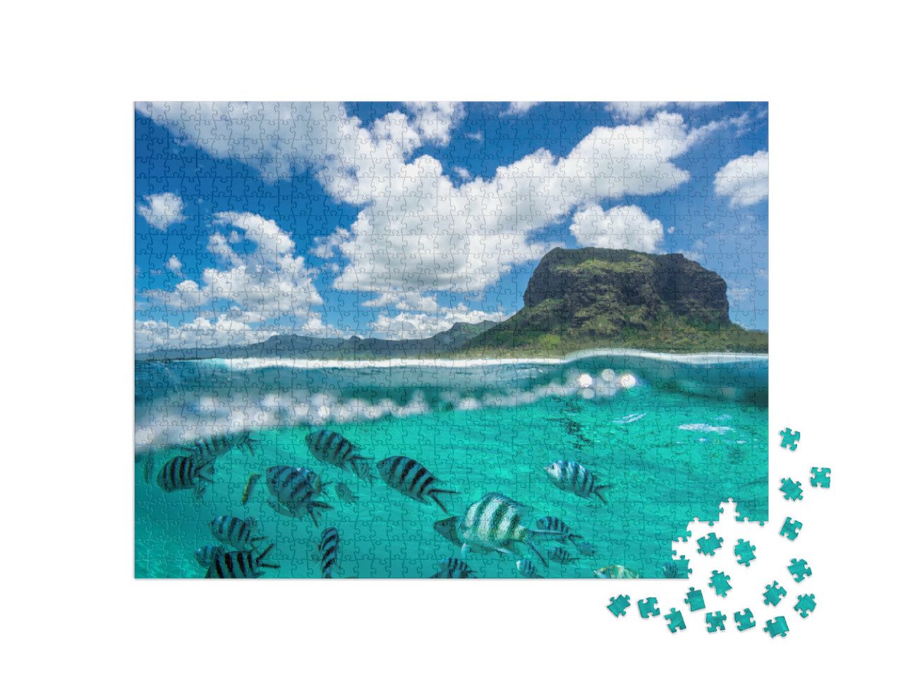 Puzzle de 1000 pièces « Deux mondes se rencontrent - montagnes et monde sous-marin réunis sur une même image »