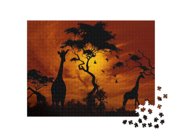 Puzzle de 1000 pièces « Girafes dans un coucher de soleil incandescent »