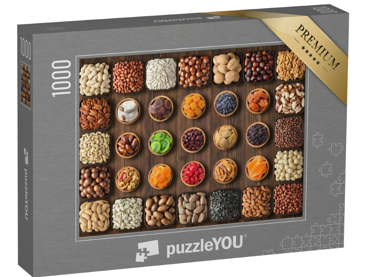 Puzzle de 1000 pièces « Une variété colorée de noix et de fruits secs dans de petites coupes »