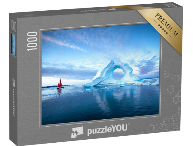 Puzzle de 1000 pièces « Voilier aux voiles rouges devant des icebergs massifs le soir, baie de Disko, Groenland »
